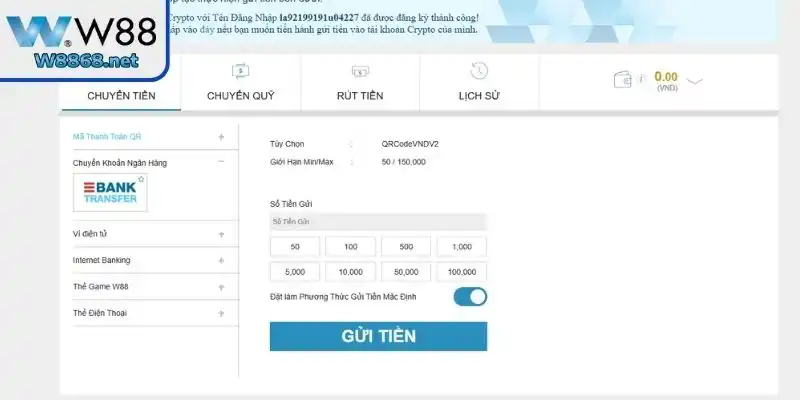 Nạp tiền W88 qua ngân hàng